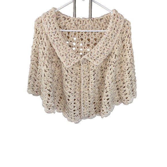 Crochet Ivory Cape One Button Collared Open Knit Scallop Edges Stretch One Size - Picture 1 of 5